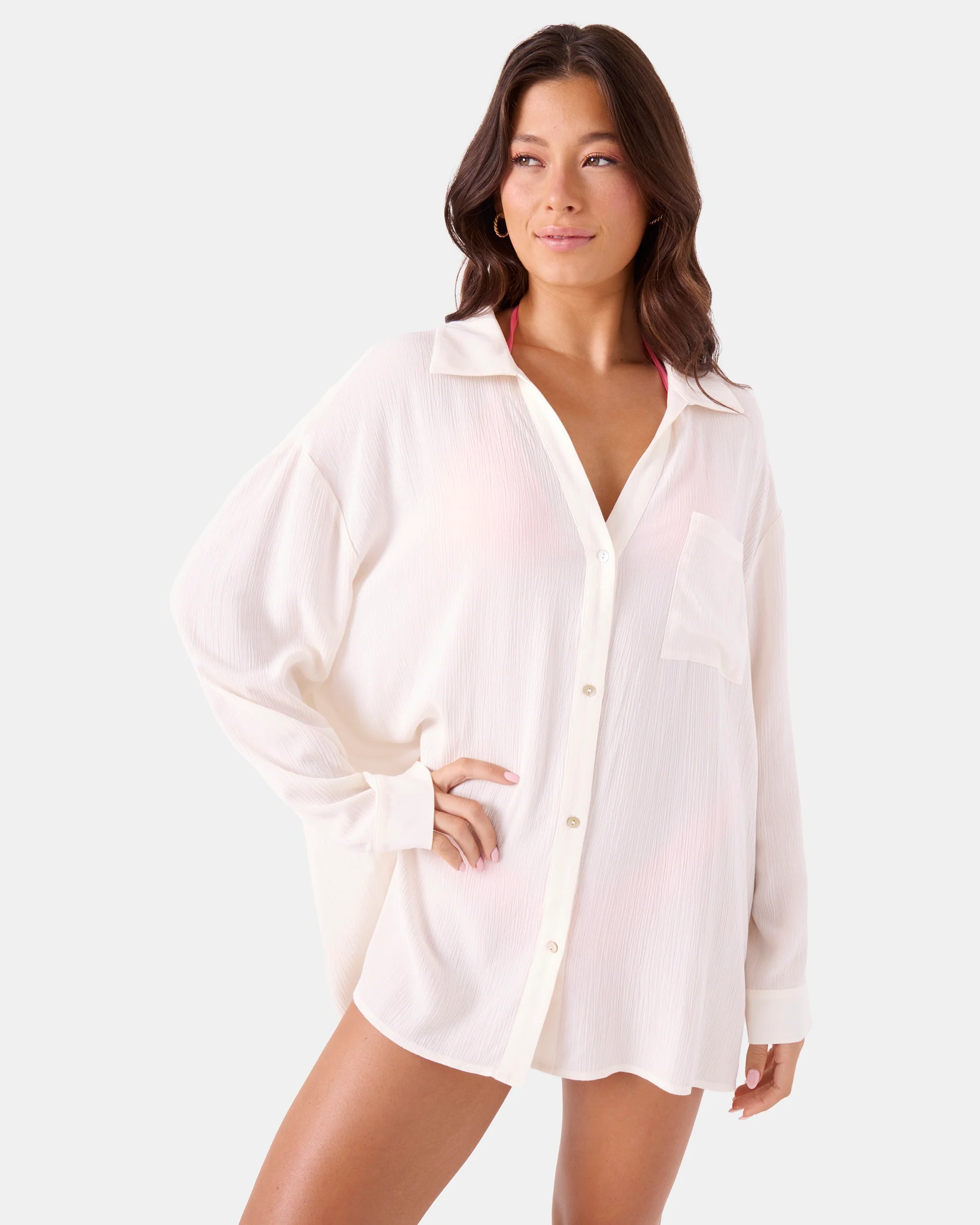 Solid Crinkle Long Sleeve Cover Up Camp Shirt